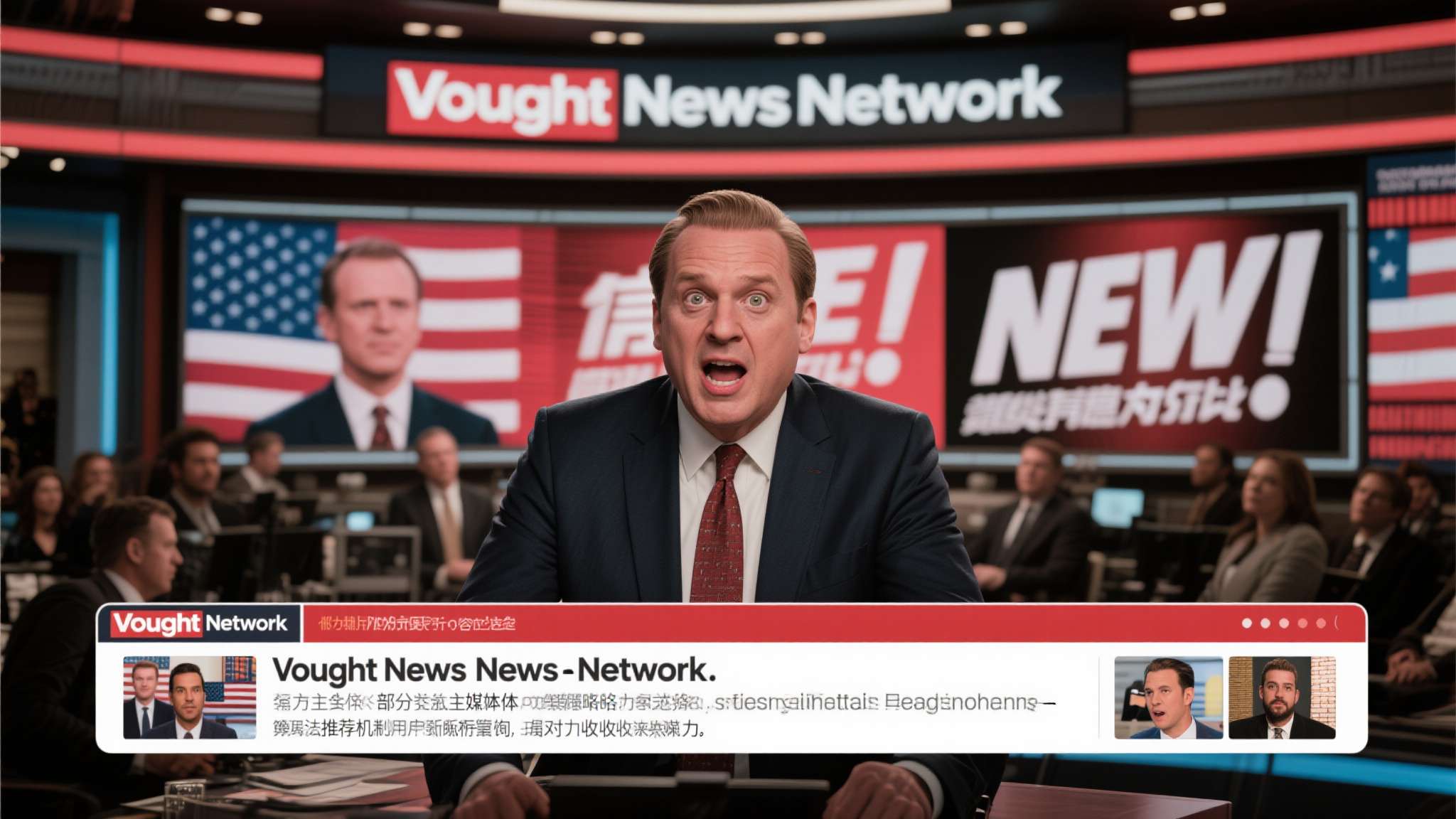 黑袍纠察队第五季几点更新 第三季中,Vought旗下的新闻频道"Vought News Network"以